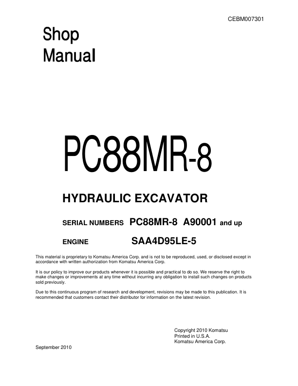 Komatsu PC88MR-8 Excavator Workshop Manual SN A90001 and UP Printed Book - Image 2