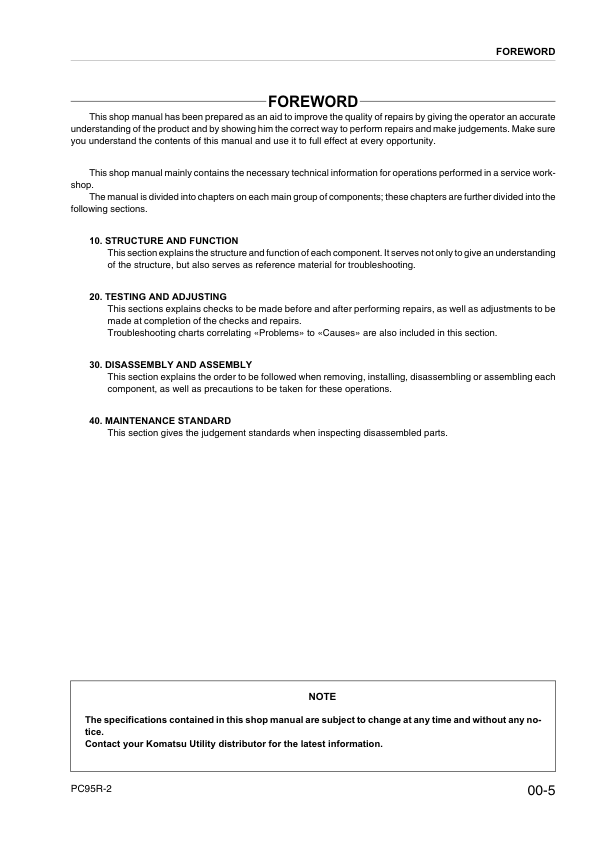 Komatsu PC95R-2 Excavator Workshop Manual SN 21D5210001 21D5220001 and UP - Image 9