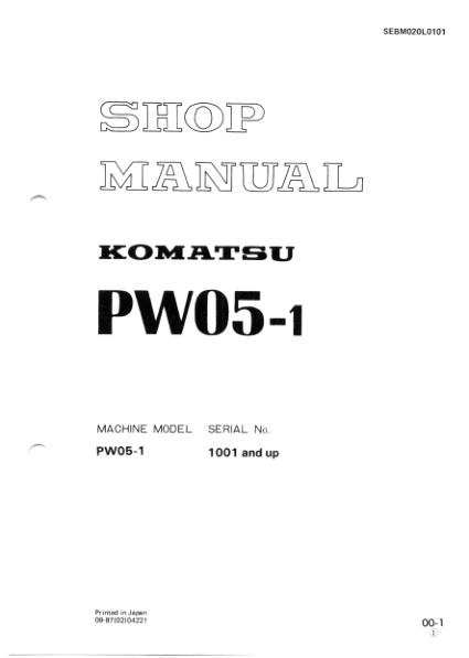 Komatsu PW05-1 Wheeled Excavator Workshop Manual SN 1001 and UP Printed Book - Image 2