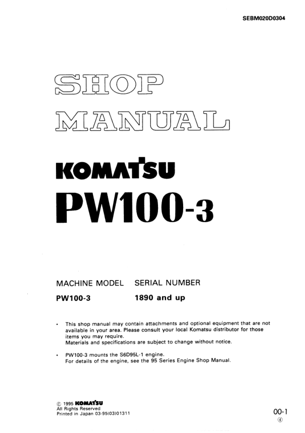 Komatsu PW100-3 Wheeled Excavator Workshop Manual SN 1890 and UP Printed Book - Image 2