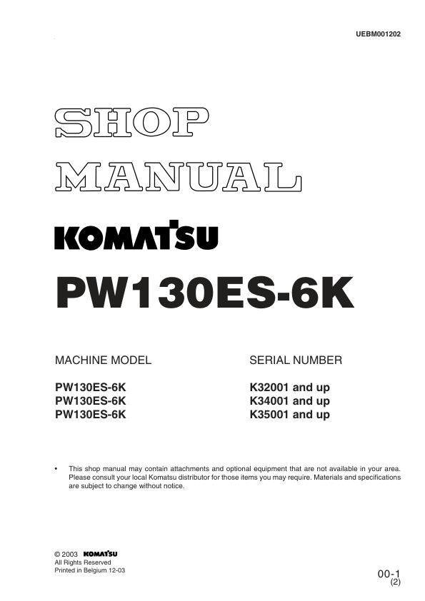 Komatsu PW130ES-6K Wheeled Excavator Workshop Manual UEBM001202 Printed Book - Image 2