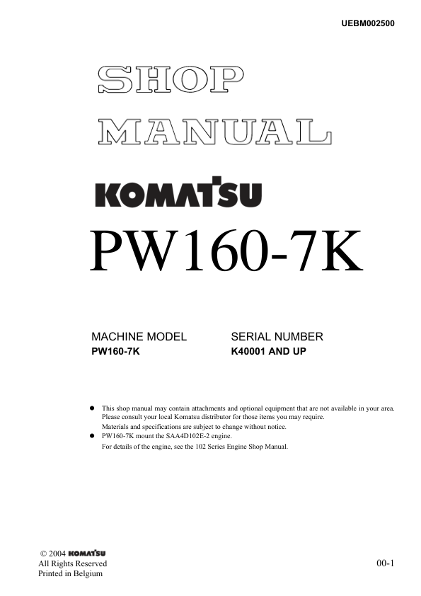 Komatsu PW160-7K Wheeled Excavator Workshop Manual SN K40001 and UP - Image 2