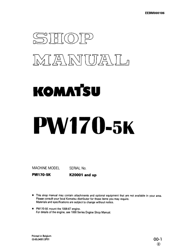 Komatsu PW170-5K Wheeled Excavator Workshop Manual SN K20001 and UP Printed Book - Image 2