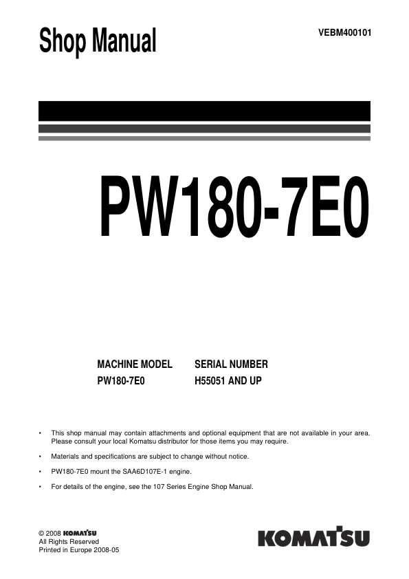Komatsu PW180-7E0 Wheeled Excavator Workshop Manual SN H55051 and UP Printed Book - Image 2