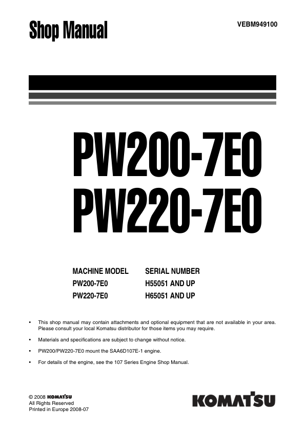 Komatsu PW200-7E0 PW220-7Eo Wheeled Excavator Workshop Manual SN H55051 and UP Printed Book - Image 2