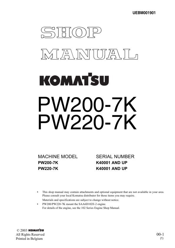 Komatsu PW200-7K PW220-7K Wheeled Excavator Workshop Manual SN K40001 and UP - Image 2