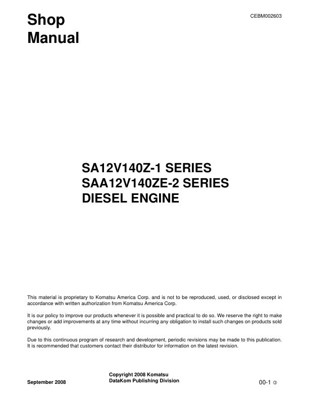 Komatsu SA12V140Z-1 SAA12V140ZE-2 Series Diesel Engine Workshop Manual - Image 2