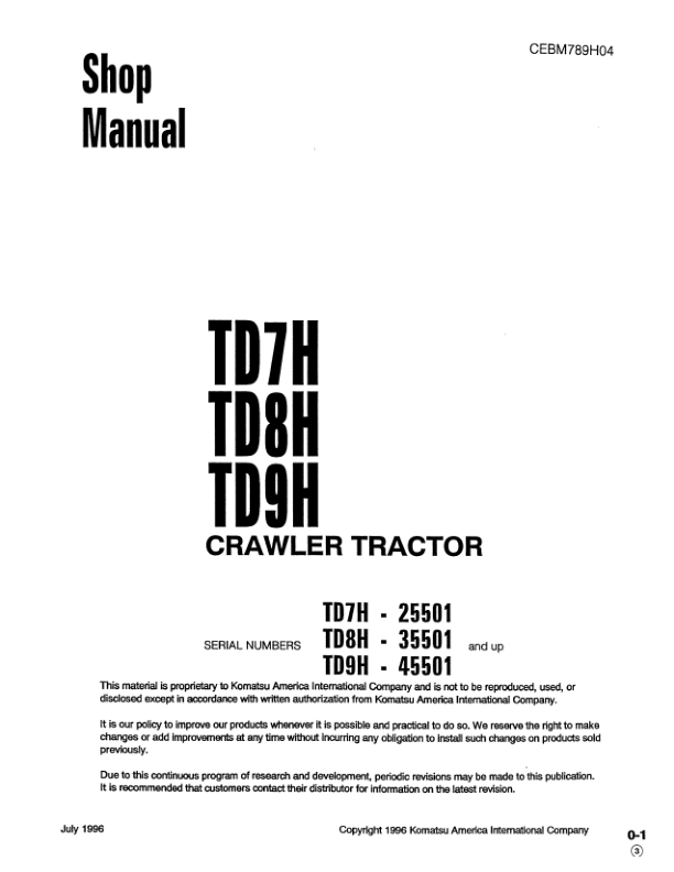 Komatsu TD7H TD8H TD9H Crawler Tractor Dozer Workshop Manual - Image 6