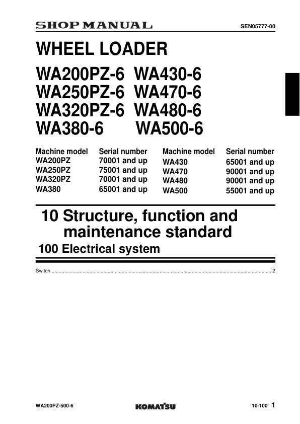 Komatsu WA200PZ-6 250PZ-6 320PZ-6 380-6 430-6 470-6 480-6 500-6 Wheel Loader Workshop Manual - Image 3