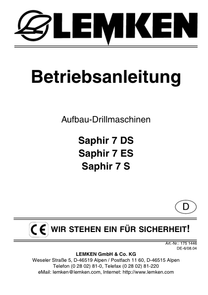 Lemken Saphir 7 DS ES S Seed Drill Operators Manual DE - Image 2