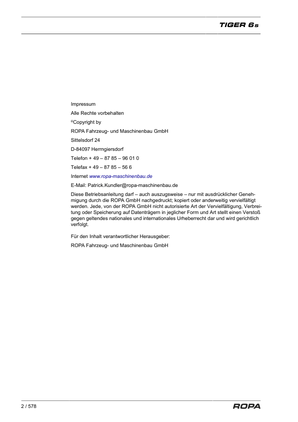 ROPA Tiger 6S Operation and Maintenance Manual DE - Image 6