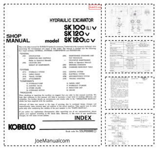 Kobelco SK100LV SK120V SK120LCV Excavator Workshop Manual S5LP0008E
