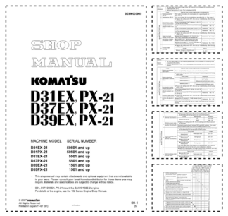 Komatsu D31EX D37EX D39EX PX-21 Bulldozer Workshop Manual SN 505501 5501 1501 and UP