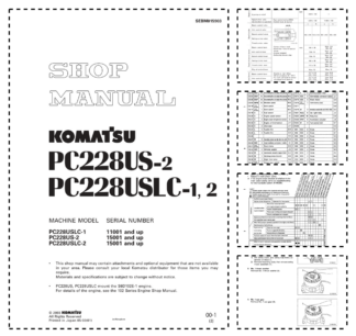 Komatsu PC228US-2 PC228USLC-1 -2 Excavator Workshop Manual SN 11001 15001 and UP