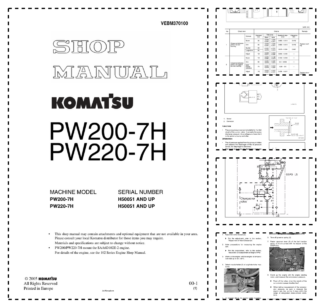 Komatsu PW200-7H PW220-7H Wheeled Excavator Workshop Manual SN H50051 and UP