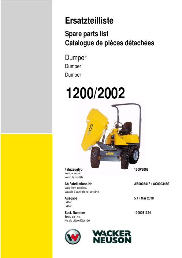 Wacker Neuson 1200 2002 Dumper Parts Catalog SN from AB000344F AC000345S v5.4 - Image 2