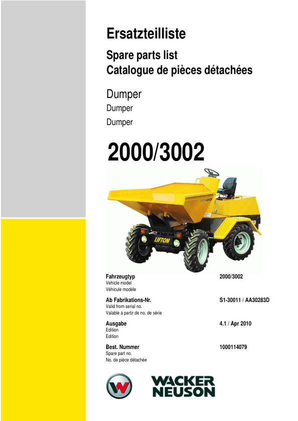 Wacker Neuson 2000 3002 Dumper Parts Catalog SN from S1-30011 AA30283D v4.1 - Image 2