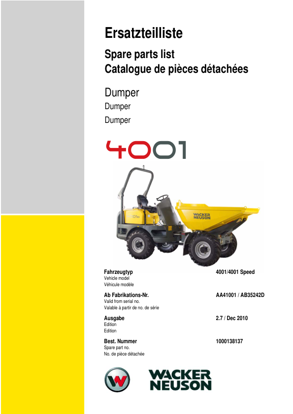 Wacker Neuson 4001 Dumper Parts Catalog SN from AA41001 AB35242D v2.7 - Image 2