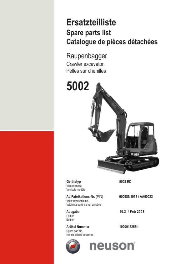 Wacker Neuson 5002 RD Excavator Parts Catalog SN from 000989/1998 AA00023 v10.2 - Image 2