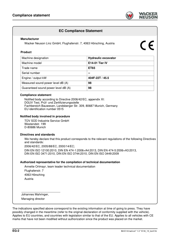 Wacker Neuson ET65 ET90 EZ80 Excavators Operators Manual LPAL CPAL v1.3 - Image 9