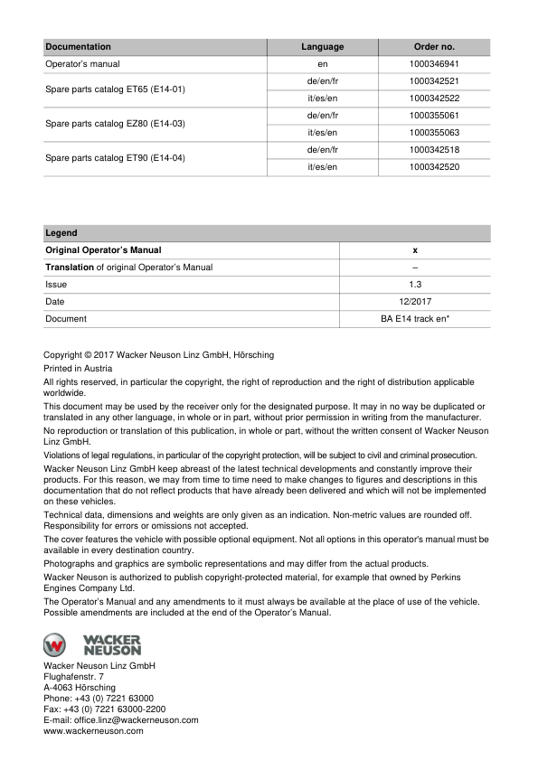 Wacker Neuson ET65 ET90 EZ80 Excavators Operators Manual LPAL CPAL v1.3 - Image 5