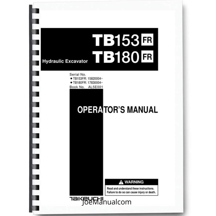 Takeuchi TB153FR TB180FR Excavator Operators Manual SN 1582 17803 Printed Book