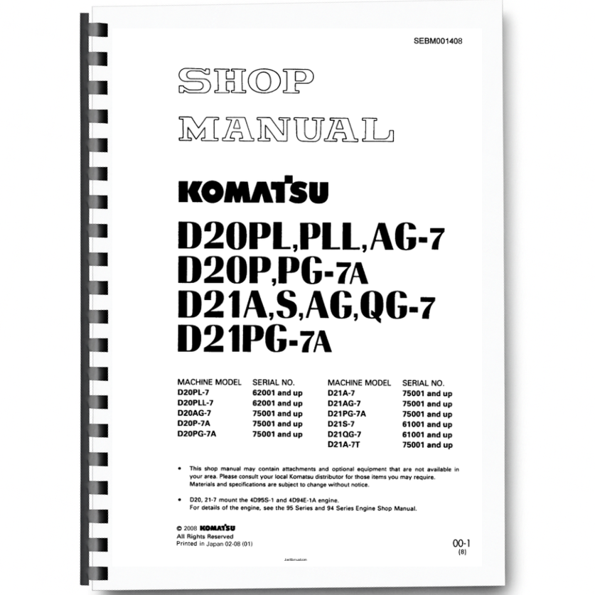 Komatsu D20PL D201A PLL AG-7 PG-7A S AG QG-7 Crawer Loaders Workshop Manual Printed Book