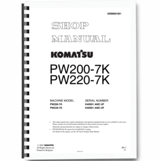 Komatsu PW200-7K PW220-7K Wheeled Excavator Workshop Manual SN K40001 and UP Printed Book