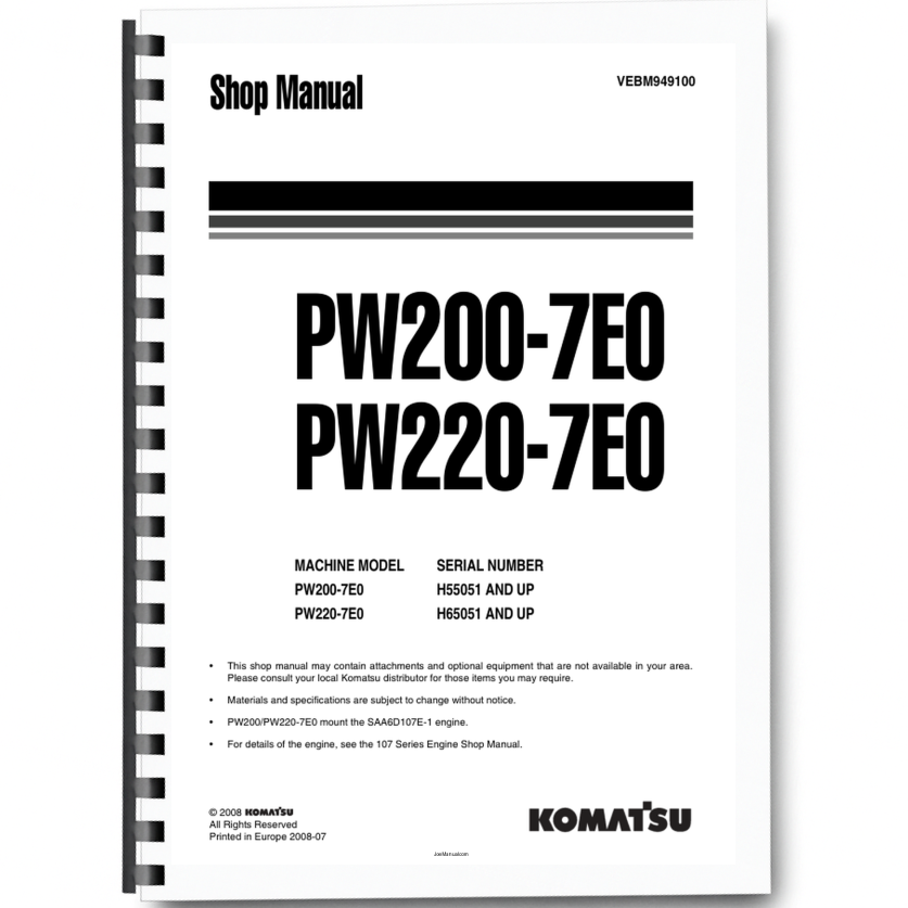 Komatsu PW200-7E0 PW220-7Eo Wheeled Excavator Workshop Manual SN H55051 and UP Printed Book