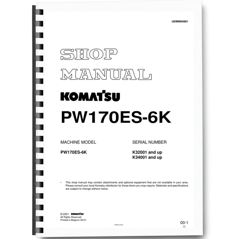 Komatsu PW170ES-6K Wheeled Excavator Workshop Manual SN K32001 K34001 and UP UEBM000801 Printed Book