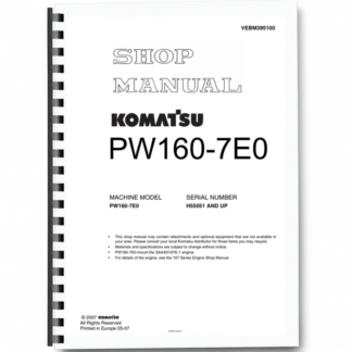 Komatsu PW160-7E0 Wheeled Excavator Workshop Manual SN H55051 and UP Printed Book