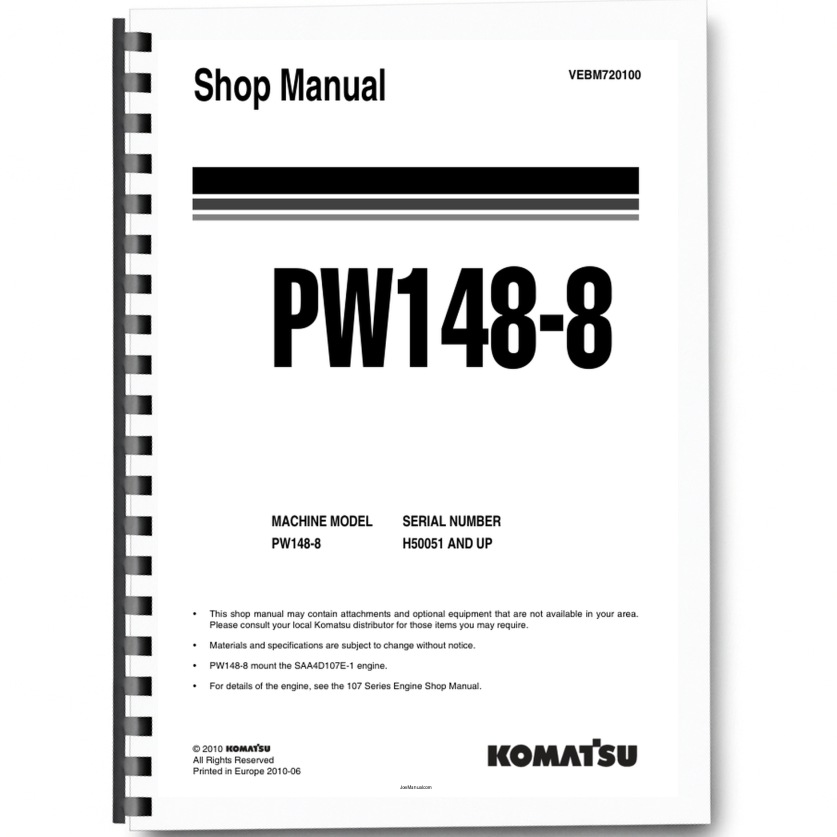 Komatsu PW148-8 Wheeled Excavator Workshop Manual SN H50051 and UP Printed Book