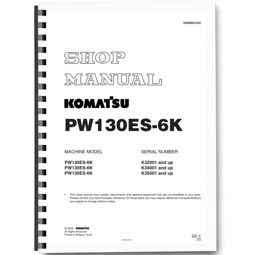 Komatsu PW130ES-6K Wheeled Excavator Workshop Manual UEBM001202 Printed Book