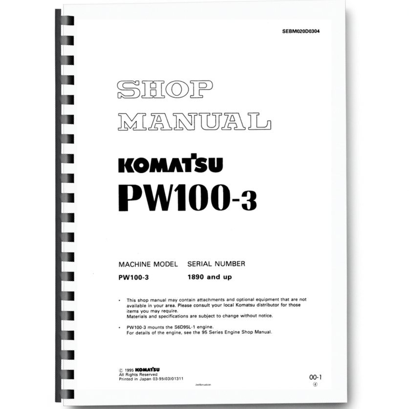 Komatsu PW100-3 Wheeled Excavator Workshop Manual SN 1890 and UP Printed Book