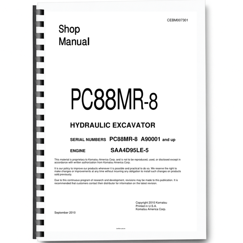Komatsu PC88MR-8 Excavator Workshop Manual SN A90001 and UP Printed Book