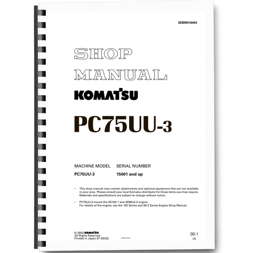 Komatsu PC75UU-3 Excavator Workshop Manual SN 15001 and UP Printed Book