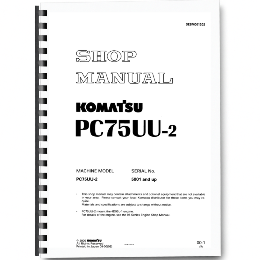 Komatsu PC75UU-2 Excavator Workshop Manual SN 5001 and UP Printed Book
