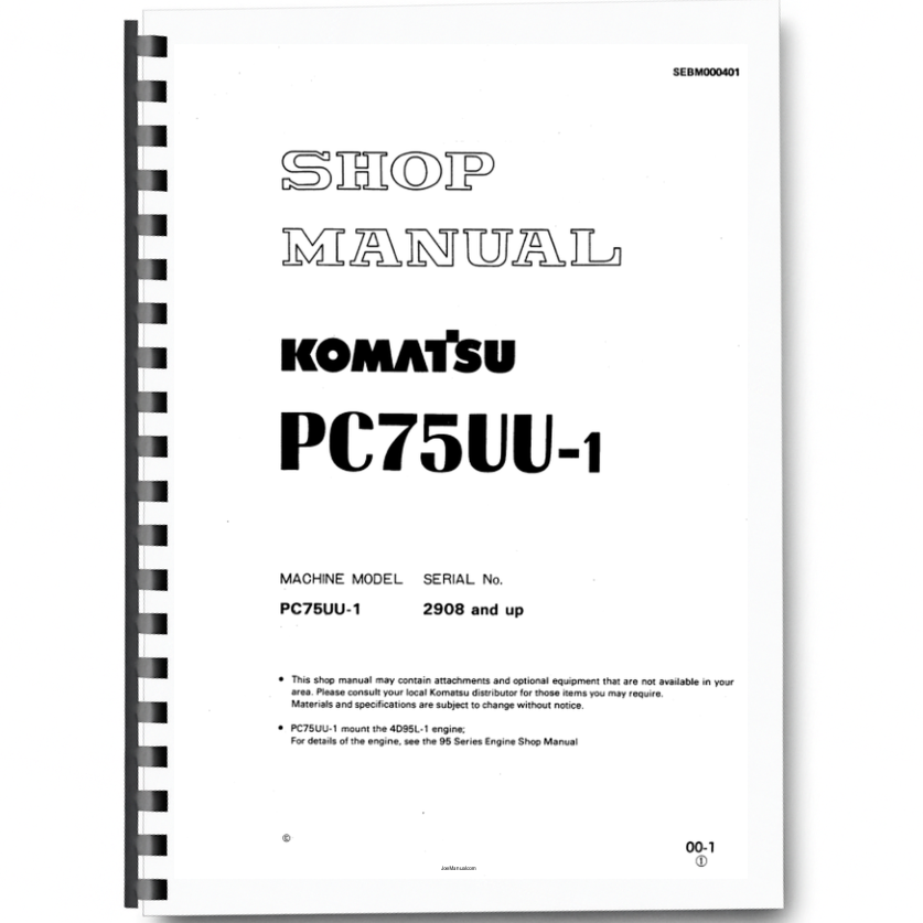 Komatsu PC75UU-1 Excavator Workshop Manual SN 2908 and UP Printed Book