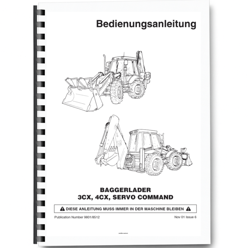 JCB 3CX 4CX 4C 4CN Servo Command Backhoe Loader Operators Manual 483468-499999 DE 9801/8512 Printed Book