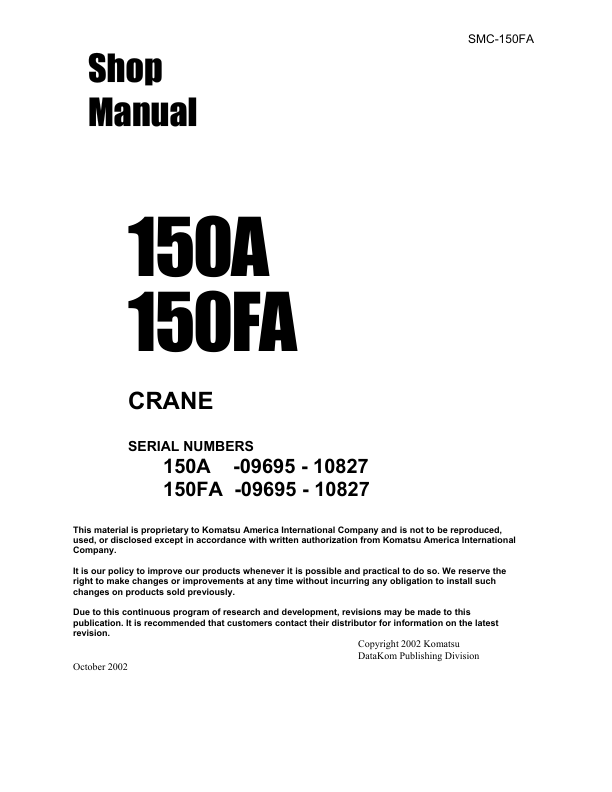 Komatsu 150A FA Crane Workshop Manual SN 09695-10827 - Image 2