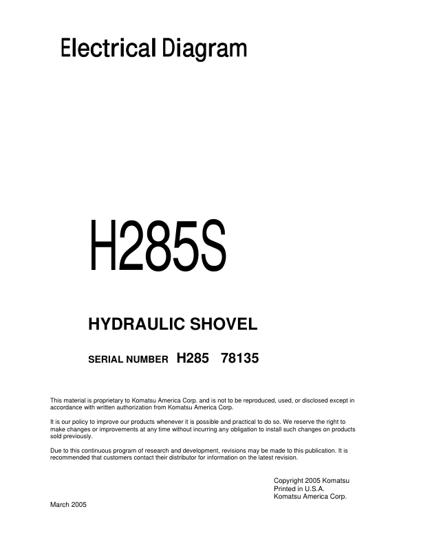 Komatsu H285S Mining Shovel Excavator Electrical and Hydraulic Diagrams SN 78135 and UP - Image 2