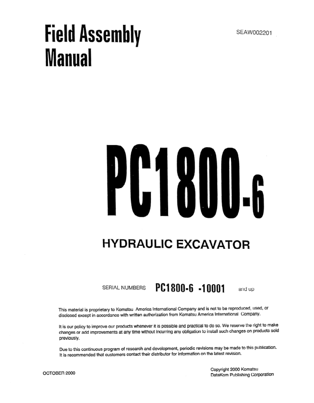 Komatsu PC1800-6 Mining Shovel Excavator Field Assembly Manual SN 10001 and UP - Image 2