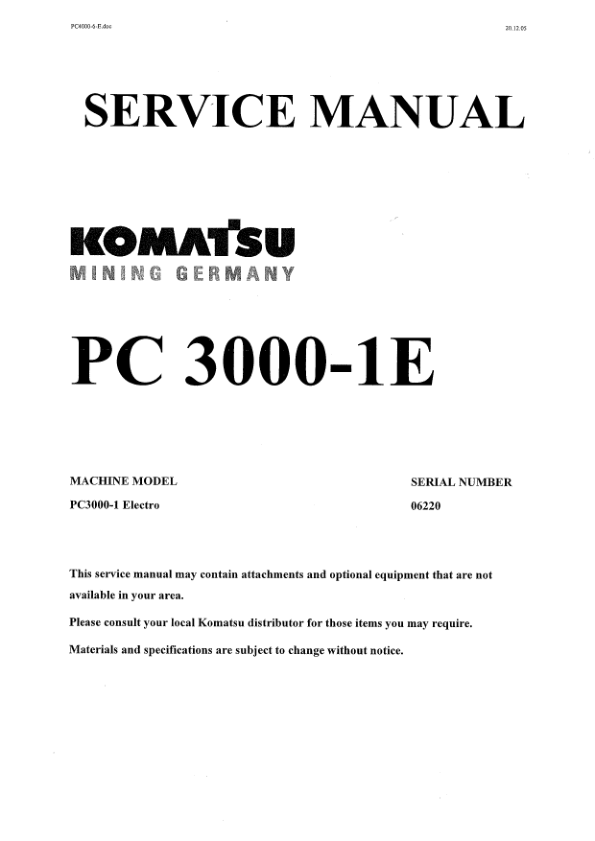 Komatsu PC3000-1E Mining Shovel Excavator Service Manual SN 06220 and UP - Image 2