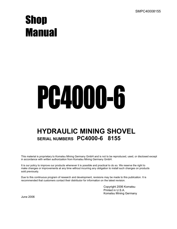 Komatsu PC4000-6 Mining Shovel Excavator Workshop Manual SN 8155 and UP - Image 2