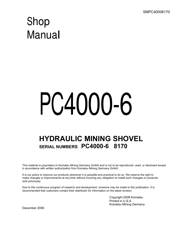 Komatsu PC4000-6 Mining Shovel Excavator Workshop Manual SN 8170 and UP - Image 2