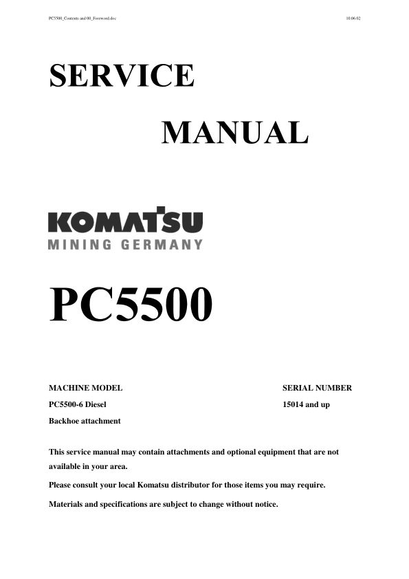 Komatsu PC5500-6 Mining Shovel Excavator Service Manual SN 15014 and UP - Image 2
