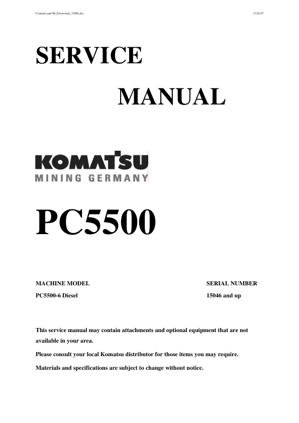 Komatsu PC5500-6 Mining Shovel Excavator Service Manual SN 15046 and UP - Image 2
