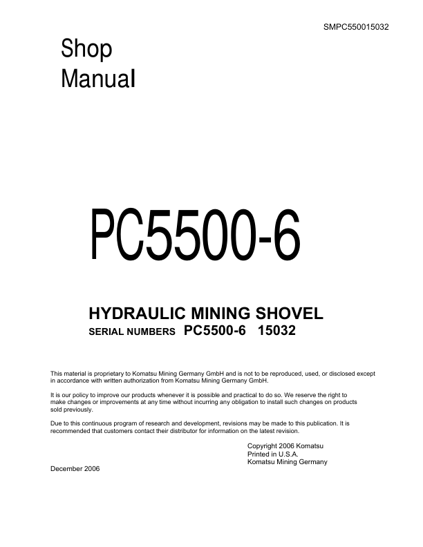Komatsu PC5500-6 Mining Shovel Excavator Workshop Manual SN 15032 and UP - Image 2