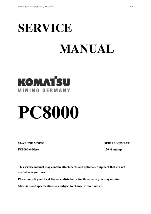 Komatsu PC8000-6 Mining Shovel Excavator Service Manual SN 12046 and UP - Image 2