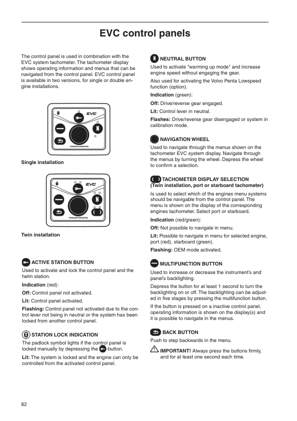 Volvo Penta Marine Engines EVC Control Panel Operation Manual - Image 2